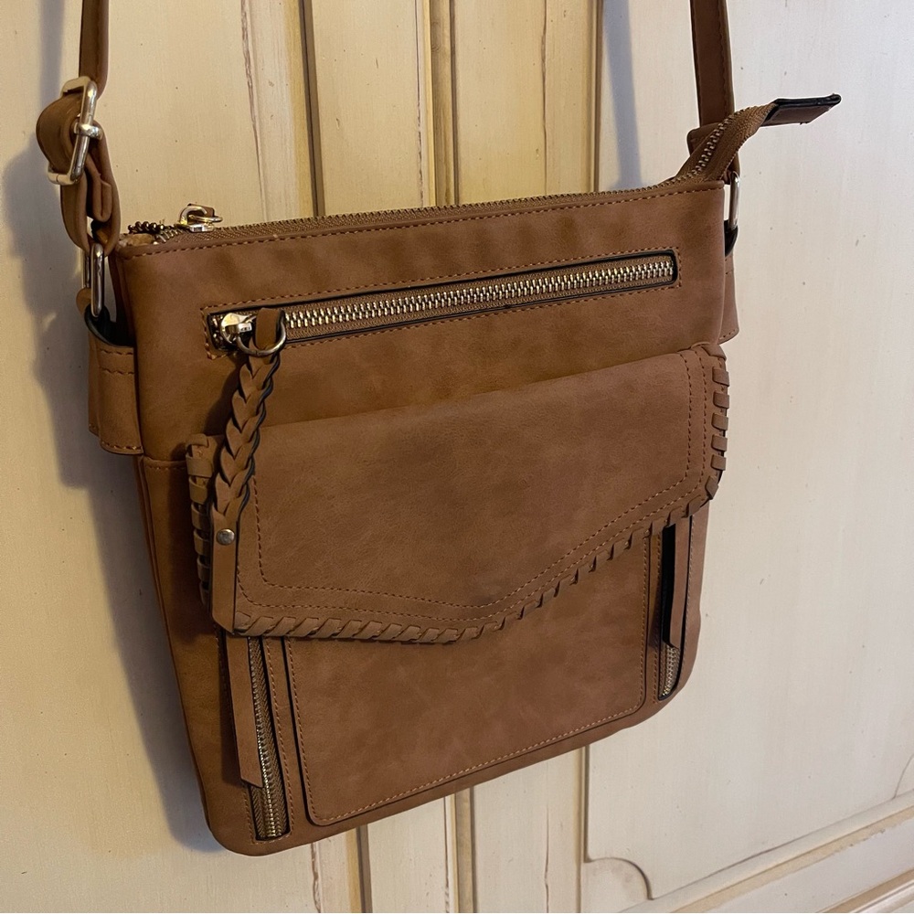 Target Tan Crossbody Vegan Suede Braid Whipstitch Boho Coastal Cowgirl 70’s